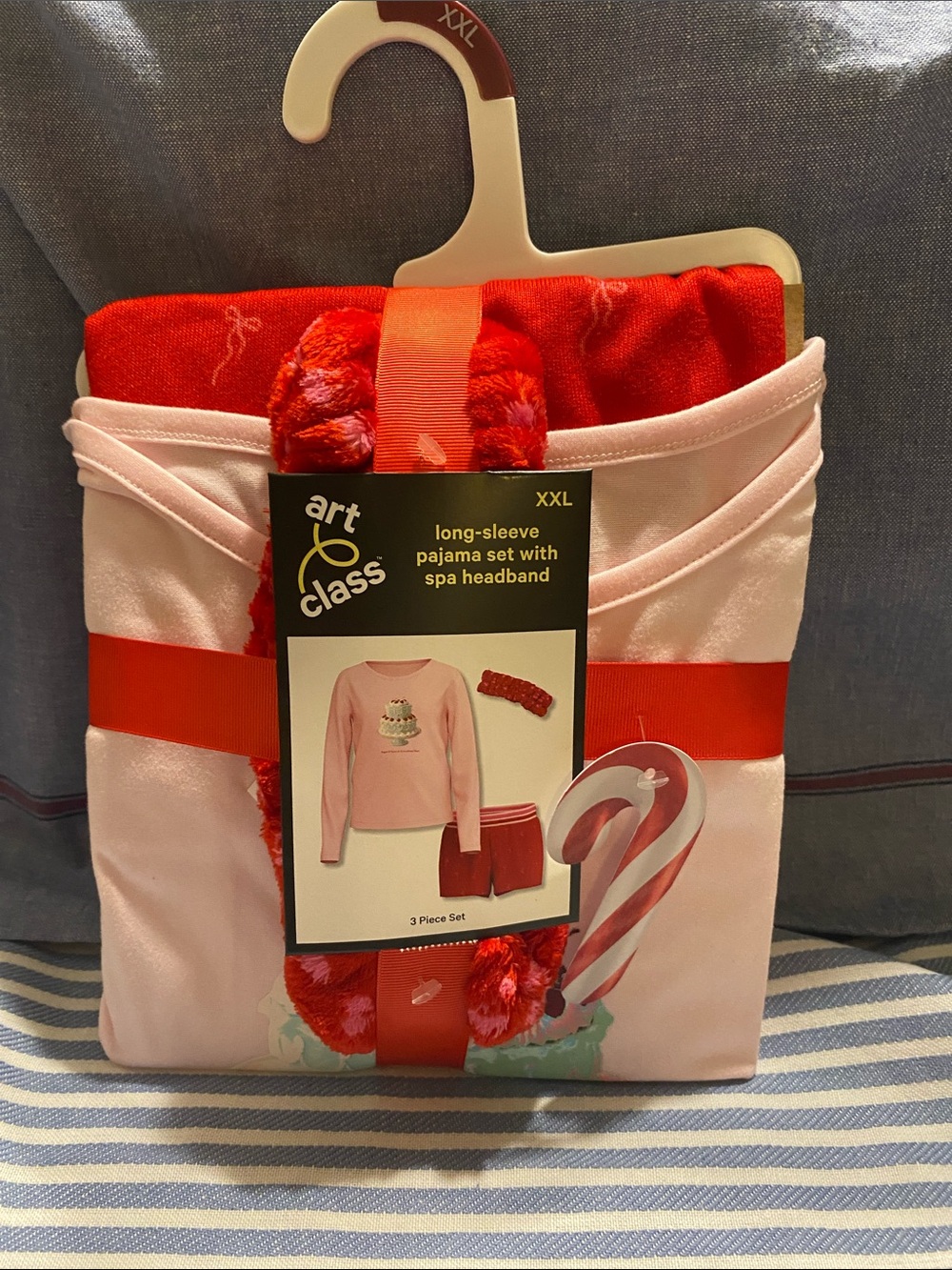 art class Pink Pajama Set with Red Headband and Candy Cane Graphic